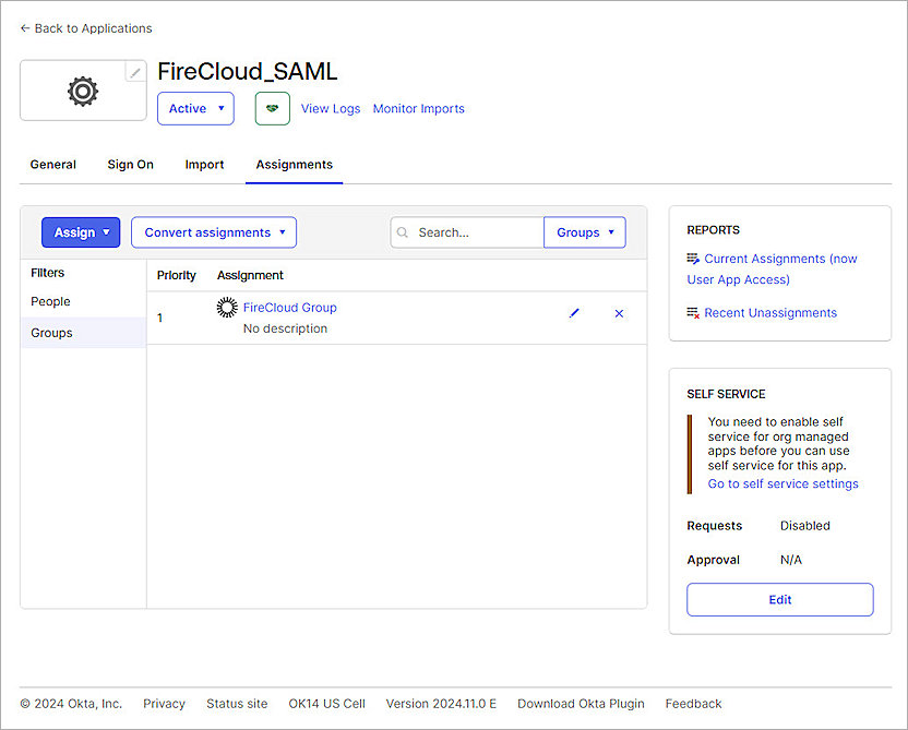 Screenshot of Okta, Assignment page of SAML application step 3